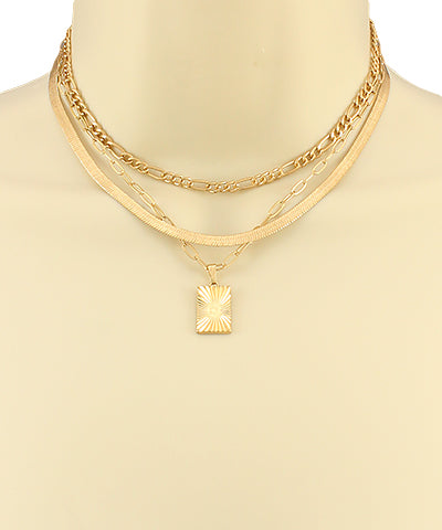 Worn Gold Rectangle & Chain Layer Necklace