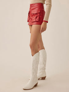 Red Faux Leather Cargo Skort