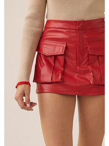 Red Faux Leather Cargo Skort