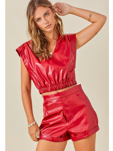 Red Faux Leather Padded Shoulder Top