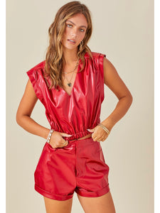 Red Faux Leather Padded Shoulder Top