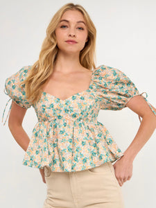 Green Floral Puff Sleeve Top
