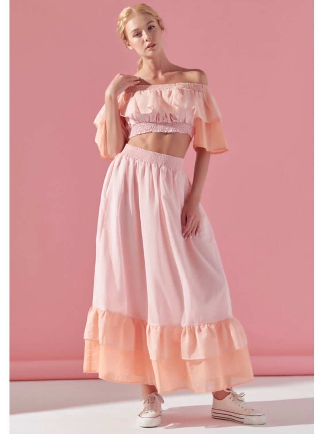 Pink & Coral Color Block Ruffle Skirt Set